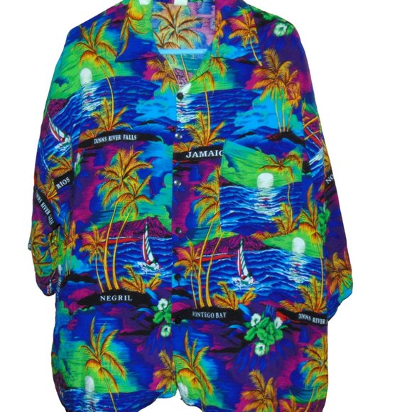 Jamaica Rayon Hawaiian Shirt Floral Palm Trees Button Up Men's Size 3X - Picture 1 of 4